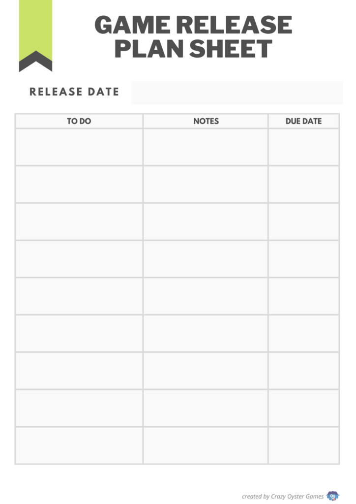 Mobile Game Release Plan Sheet - Front Page
